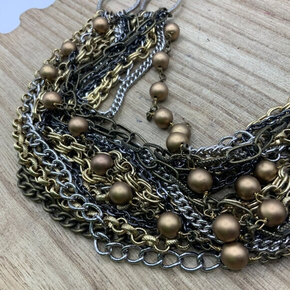 Talbots Multi Strands Chains Gold Silver Tone Beaded Necklace - Picture 8 of 9